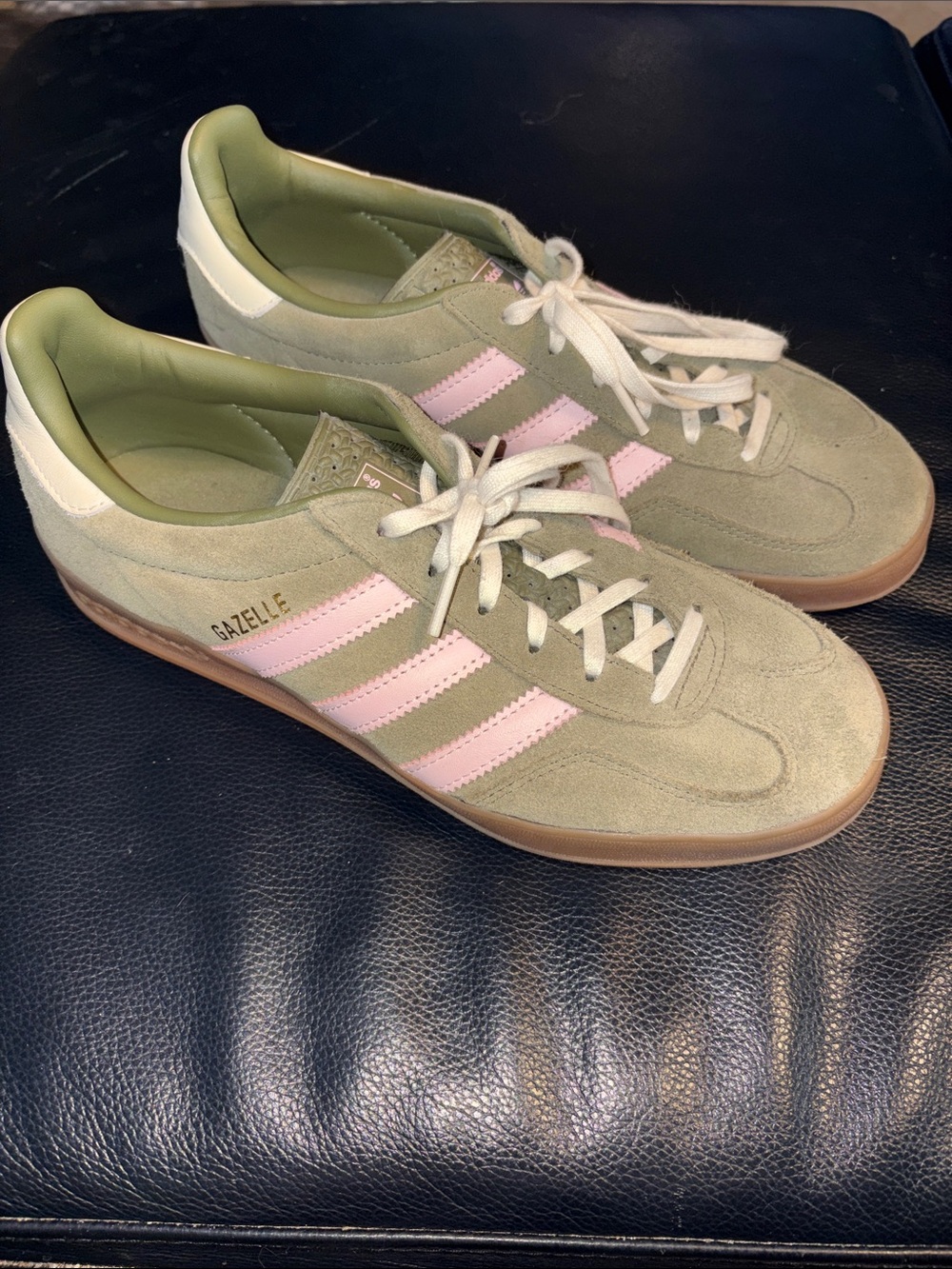 Adidas Women’s Gazelle Indoor Olive/Pink/Cream White Gum Sole Suede Sneakers
